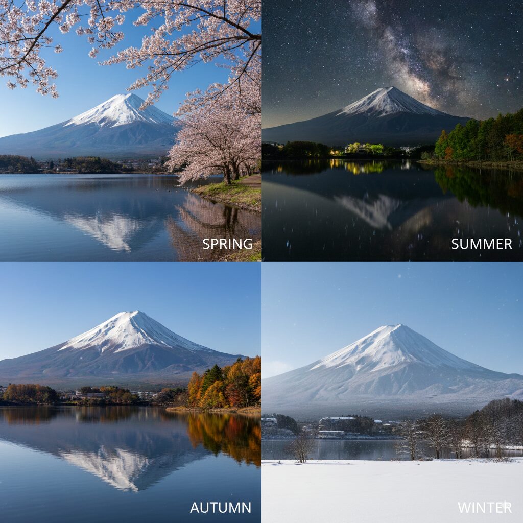 Four seasons of Mt Fuji: spring blossoms, summer skies, autumn foliage, winter snow