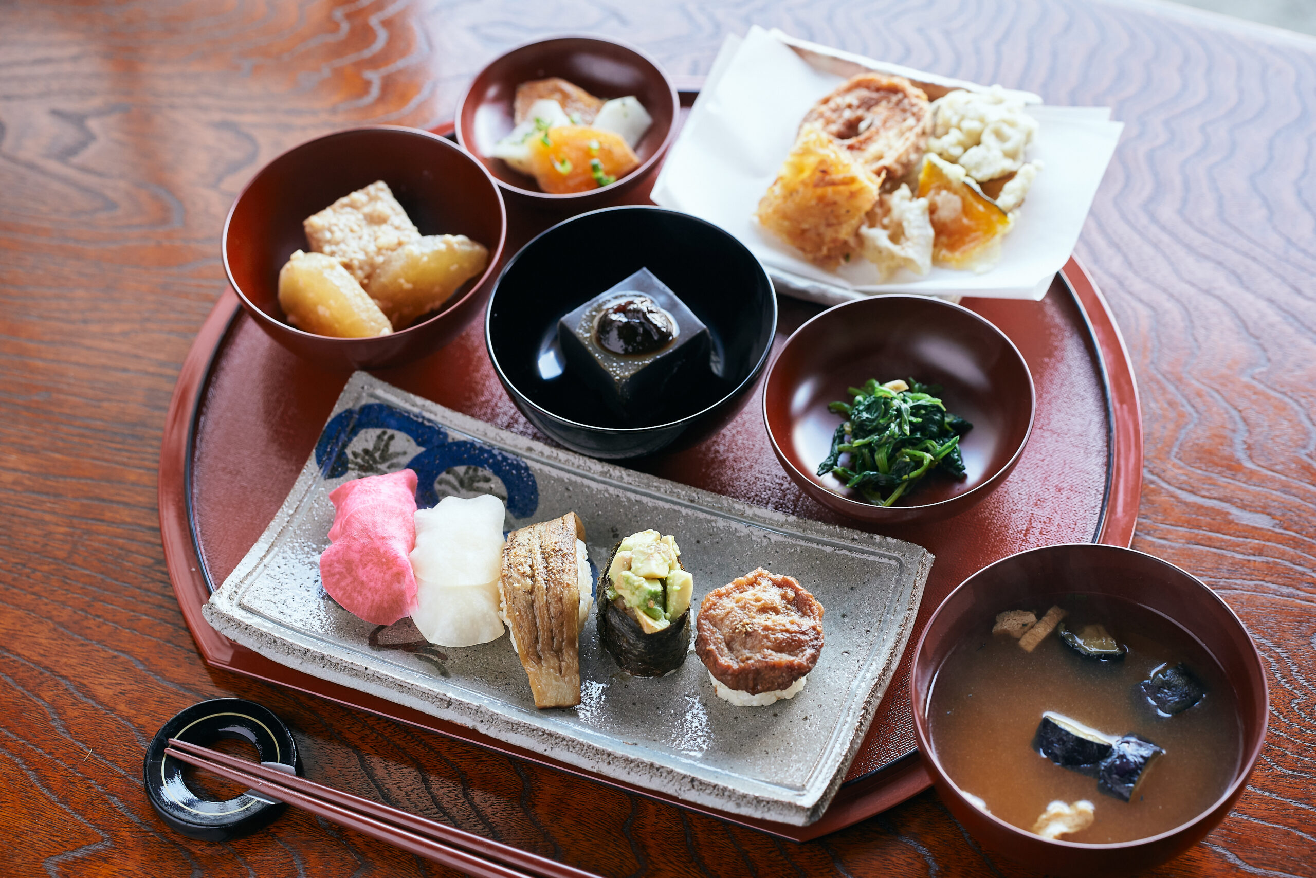 Shojin ryori temple cuisine on a wooden tray with seasonal vegetables