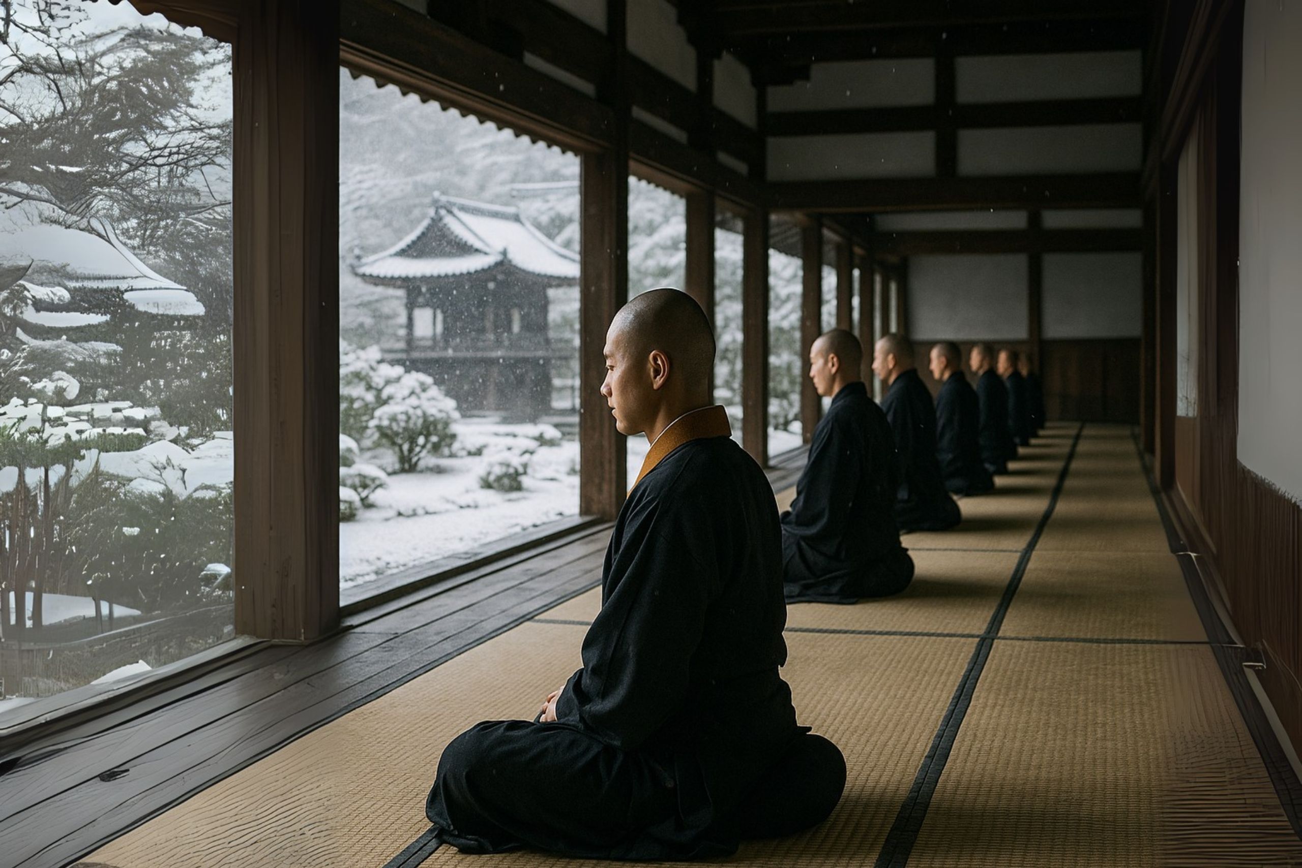 Rinzai Zen temple with kōan calligraphy representing paradoxical meditation practice