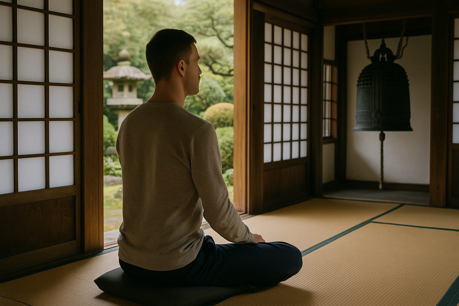 Traveler sitting quietly in a Zen temple garden in Japan reflecting in silence