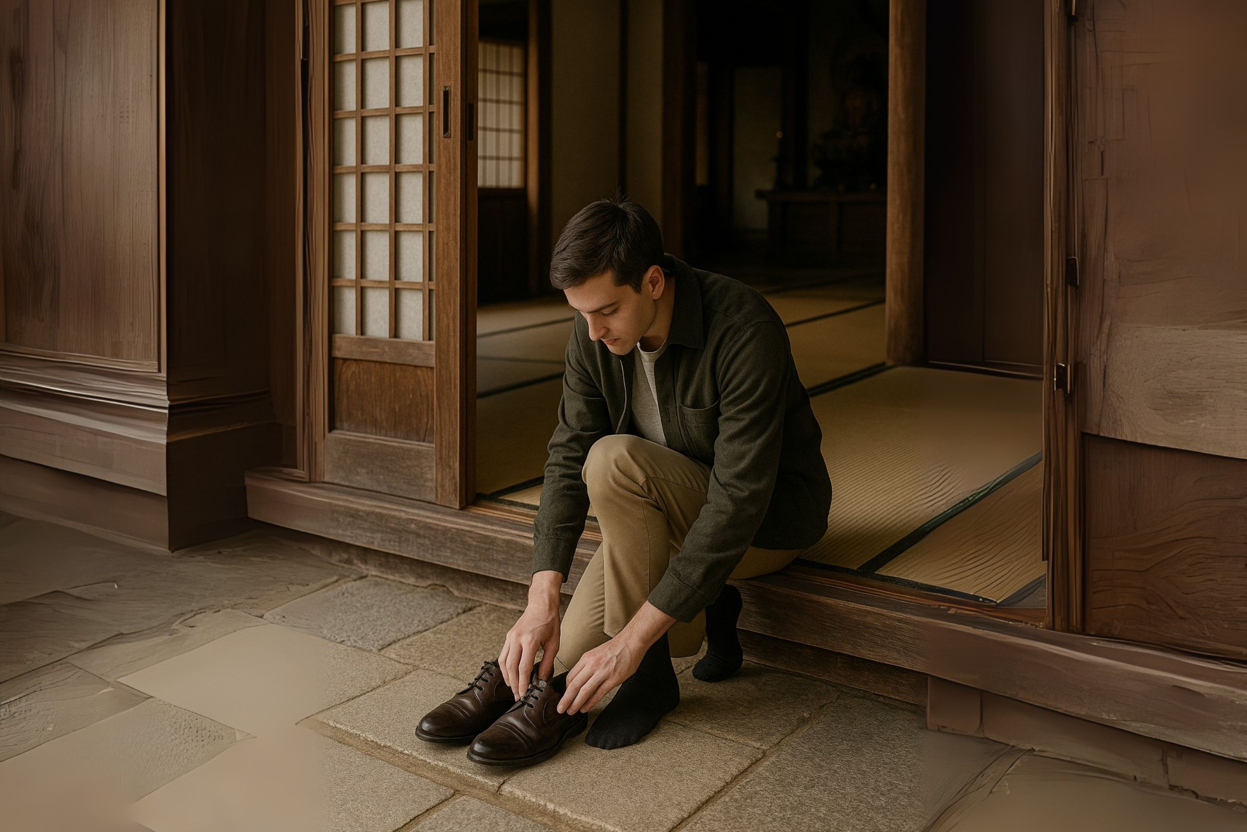 Visitor etiquette at a Zen temple: aligned shoes, gassho bow, quiet walking
