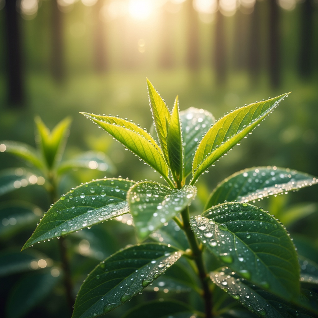 fresh green leaves with morning dew, symbolizing the beginner’s mind and openness in Zen