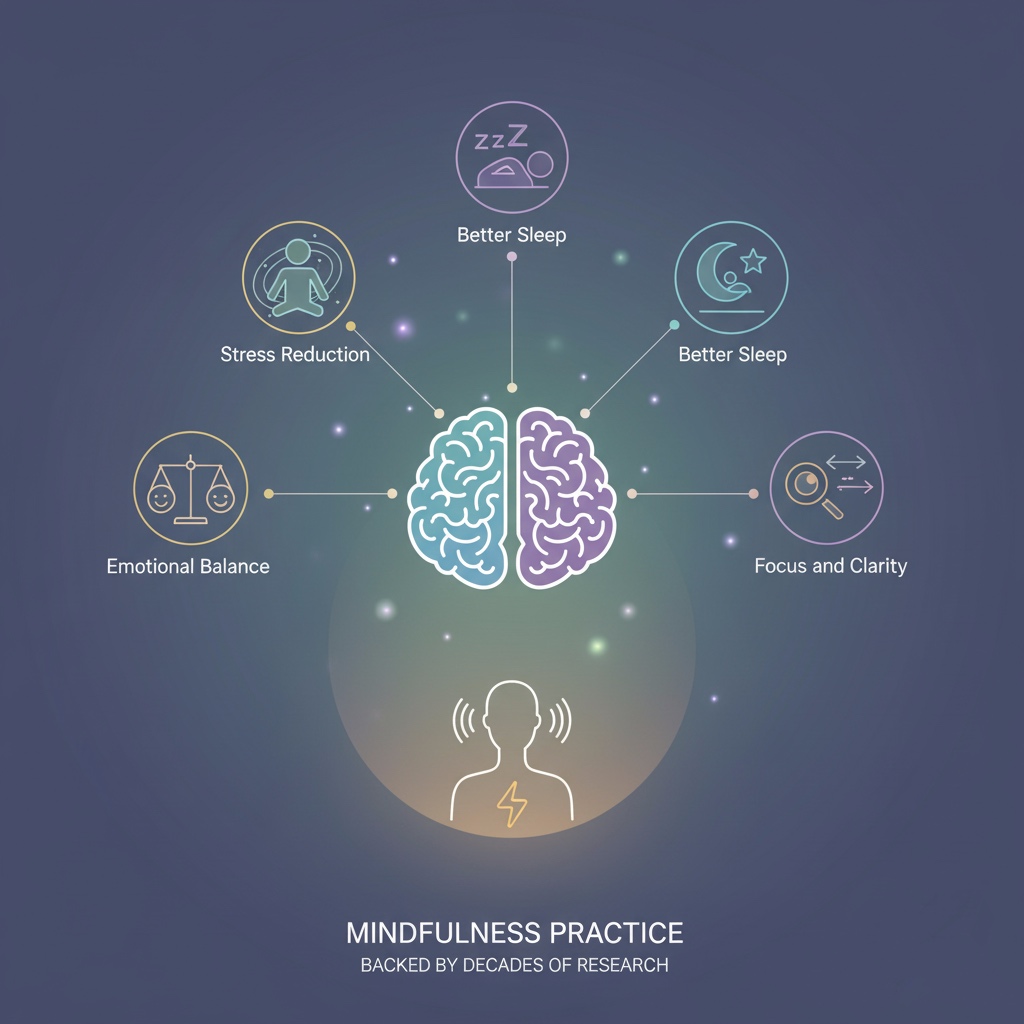 Benefits of mindfulness practice including stress reduction, better sleep, and emotional balance