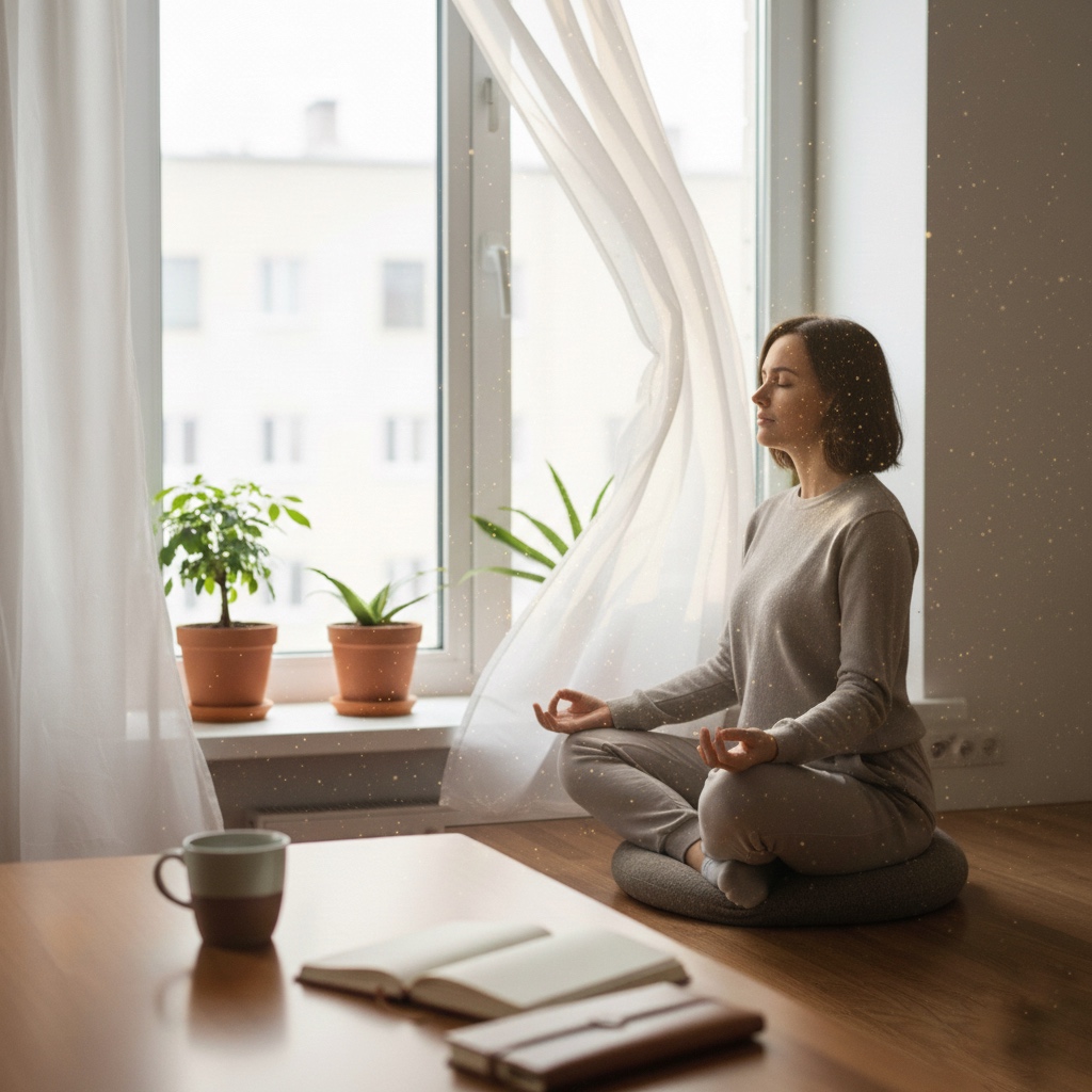 Subtle movement of light and air representing the natural breathing rhythm in a short meditation practice