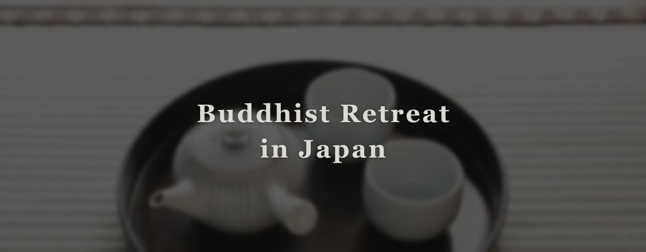 Japanese tea set on tatami mat, symbolizing mindfulness, simplicity, and stillness during a Buddhist retreat in Japan.