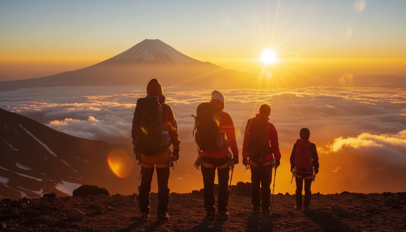 Hikers on Mt Fuji Yoshida Trail at sunrise above the clouds