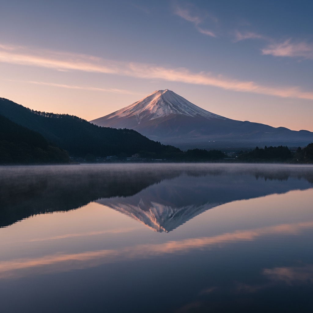 Soft dawn over Mt. Fuji symbolizing calm awareness and sustainable clarity in mindful leadership