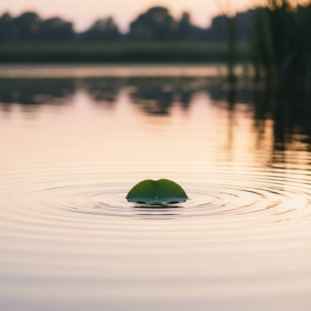 Single leaf floating on calm water symbolizing letting go and avoiding over-effort in mindfulness practice