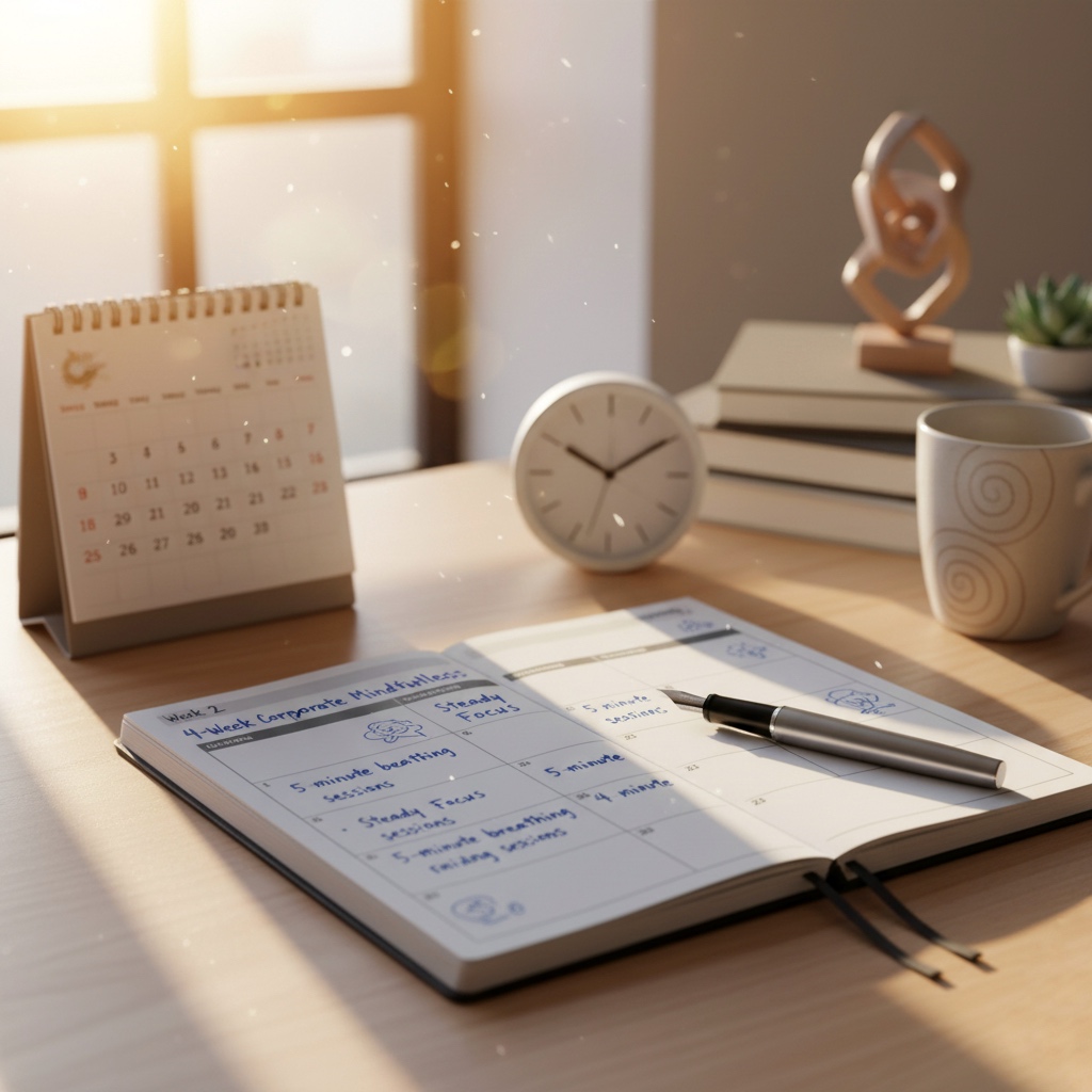 Notebook and morning light symbolizing structure and consistency in 4-week corporate mindfulness training