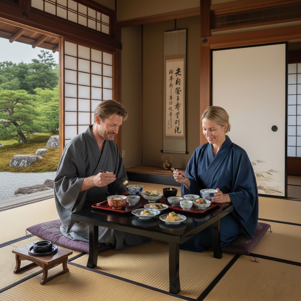 Couple enjoying sutra copying and Zen retreat experience near Mt. Fuji