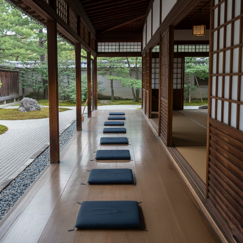 Orderly meditation hall with sunlight symbolizing discipline as the framework for freedom in Zen
