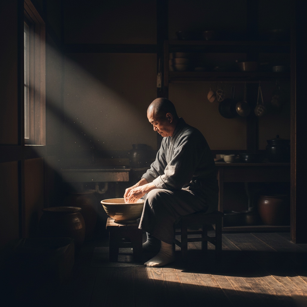 zen monk practicing mindful work while washing rice in a temple kitchen