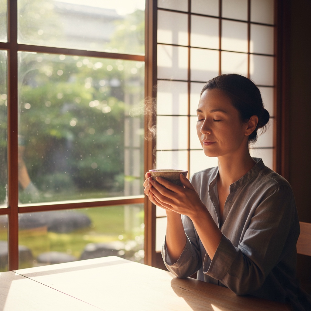 Everyday mindfulness moment while drinking coffee, focusing on breath and presence