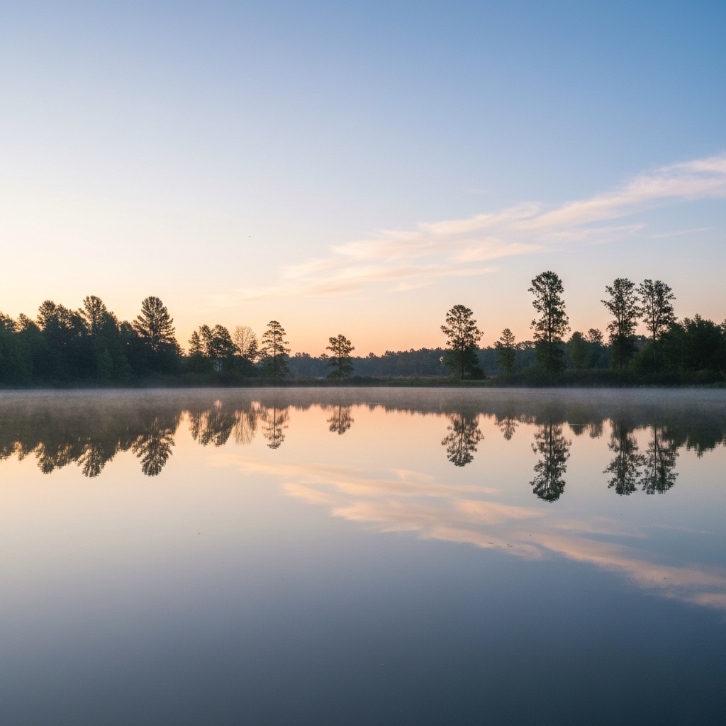 reflection of trees and sky on calm water, representing the gentle and flexible Zen mind