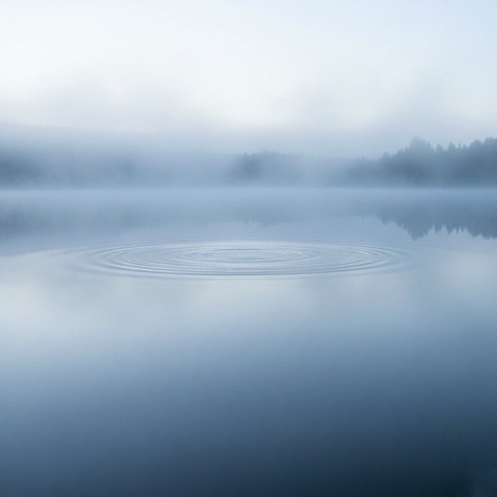 gentle ripples merging on a silent misty lake before dawn, symbolizing inner stillness and connection