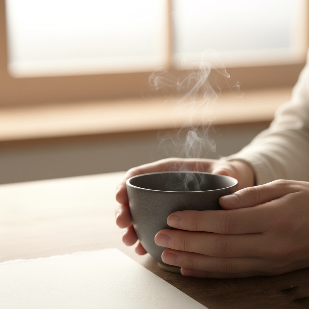 close-up of hands holding a cup of tea in morning light, symbolizing mindfulness in the present moment