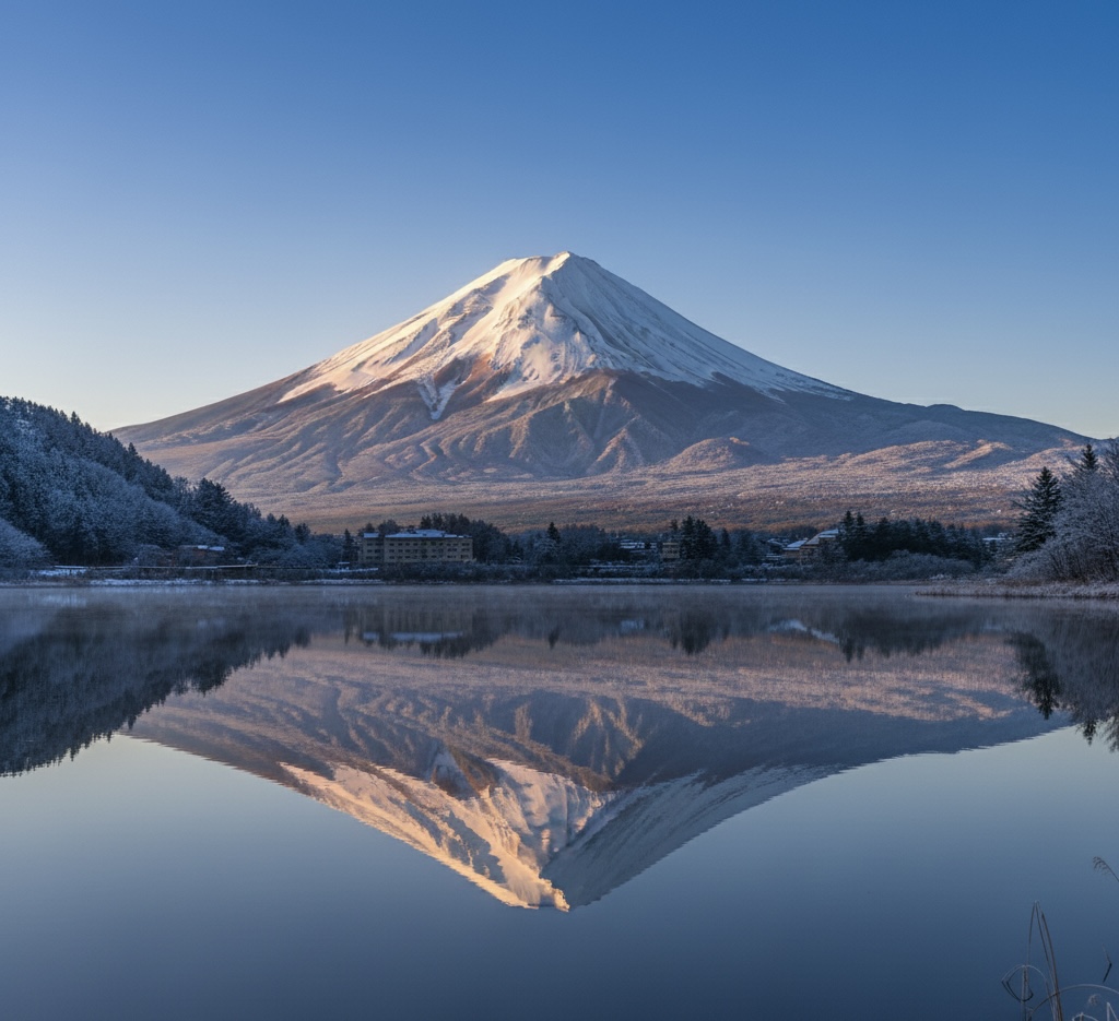 Lake Kawaguchiko with upside-down reflection of Mt. Fuji