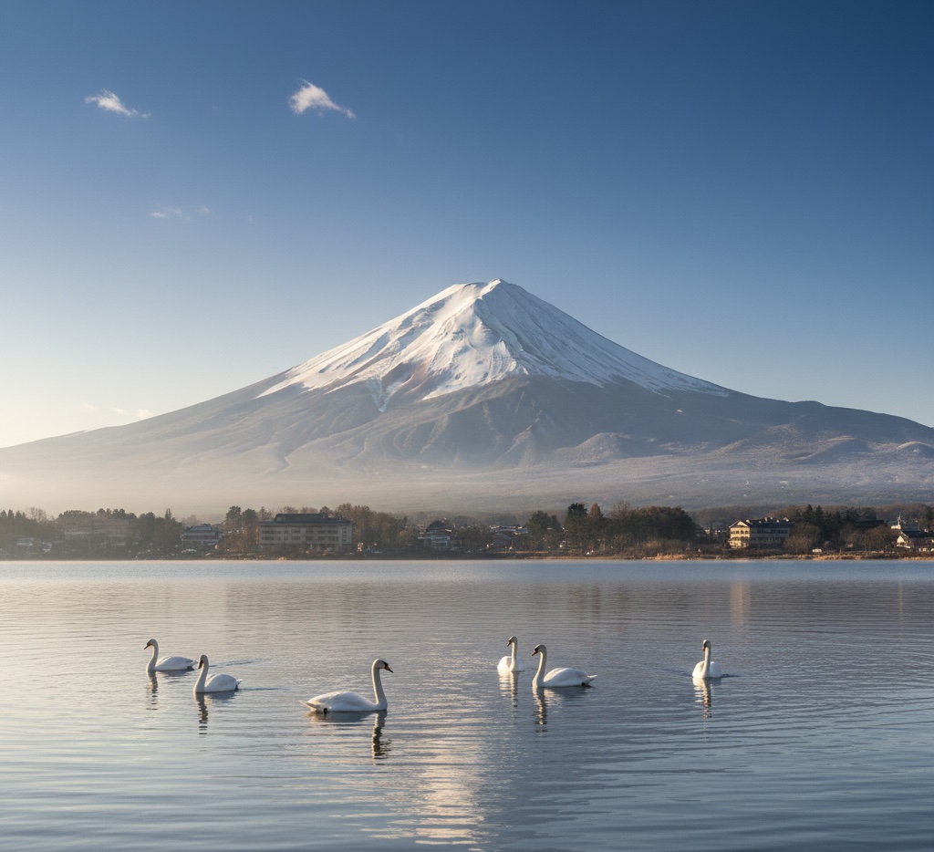Swans on Lake Yamanaka with snow-covered Mt. Fuji in winter