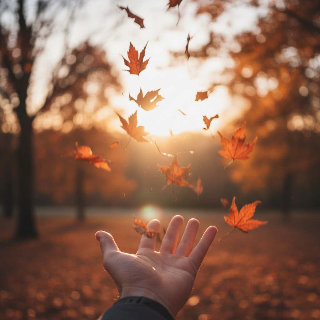 hand releasing autumn leaves into the air, symbolizing the Zen teaching of letting go completely