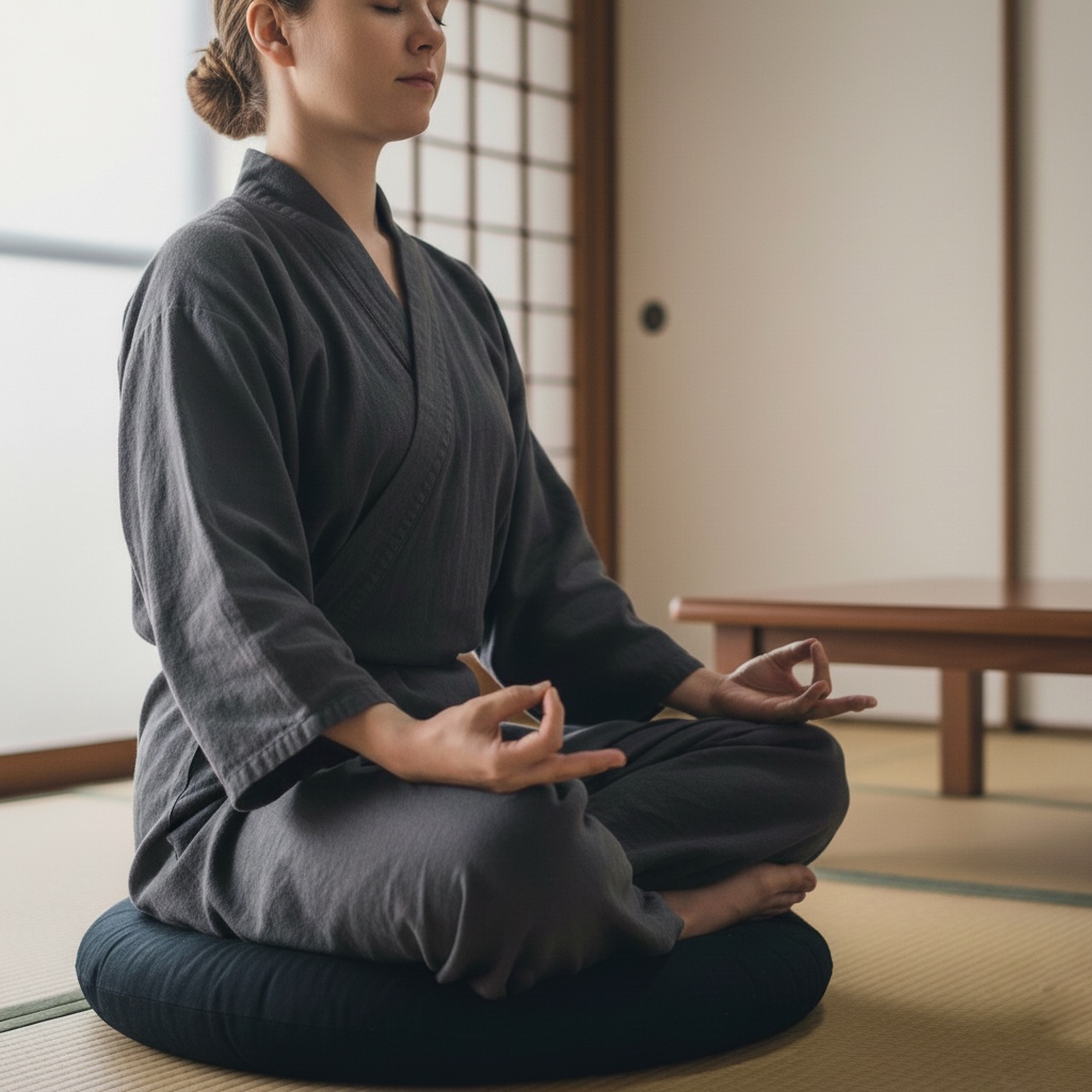 Zen monk practicing mindful breathing meditation near Mt. Fuji, focusing on calm inhalation and exhalation
