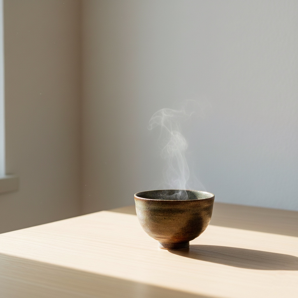 serene minimalist morning scene with tea and natural light, representing mindful daily Zen practice