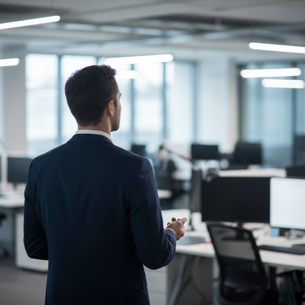 Business professional pausing for mindful breathing at work to restore focus and emotional control