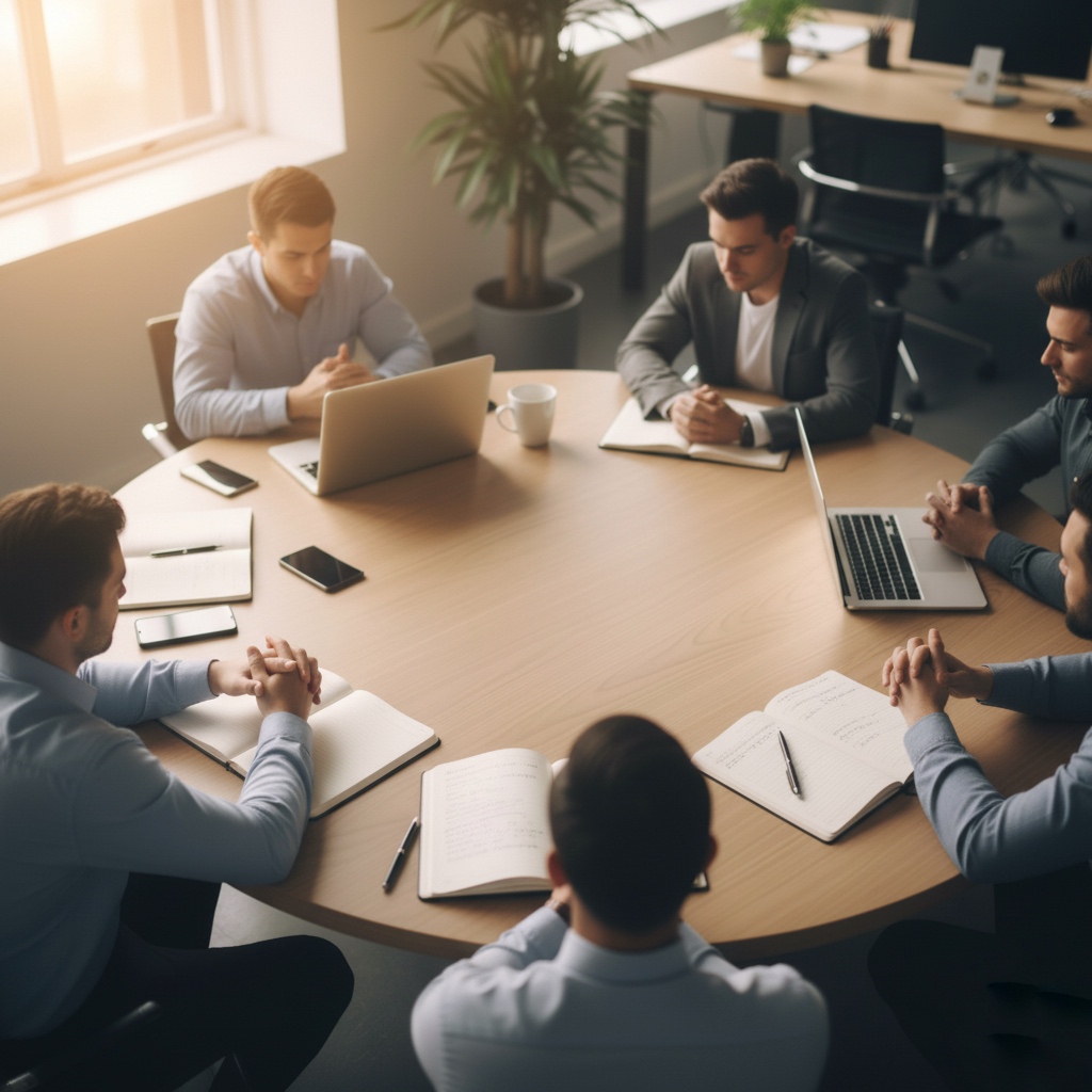 Team members sitting around a table with calm presence symbolizing mindful corporate culture