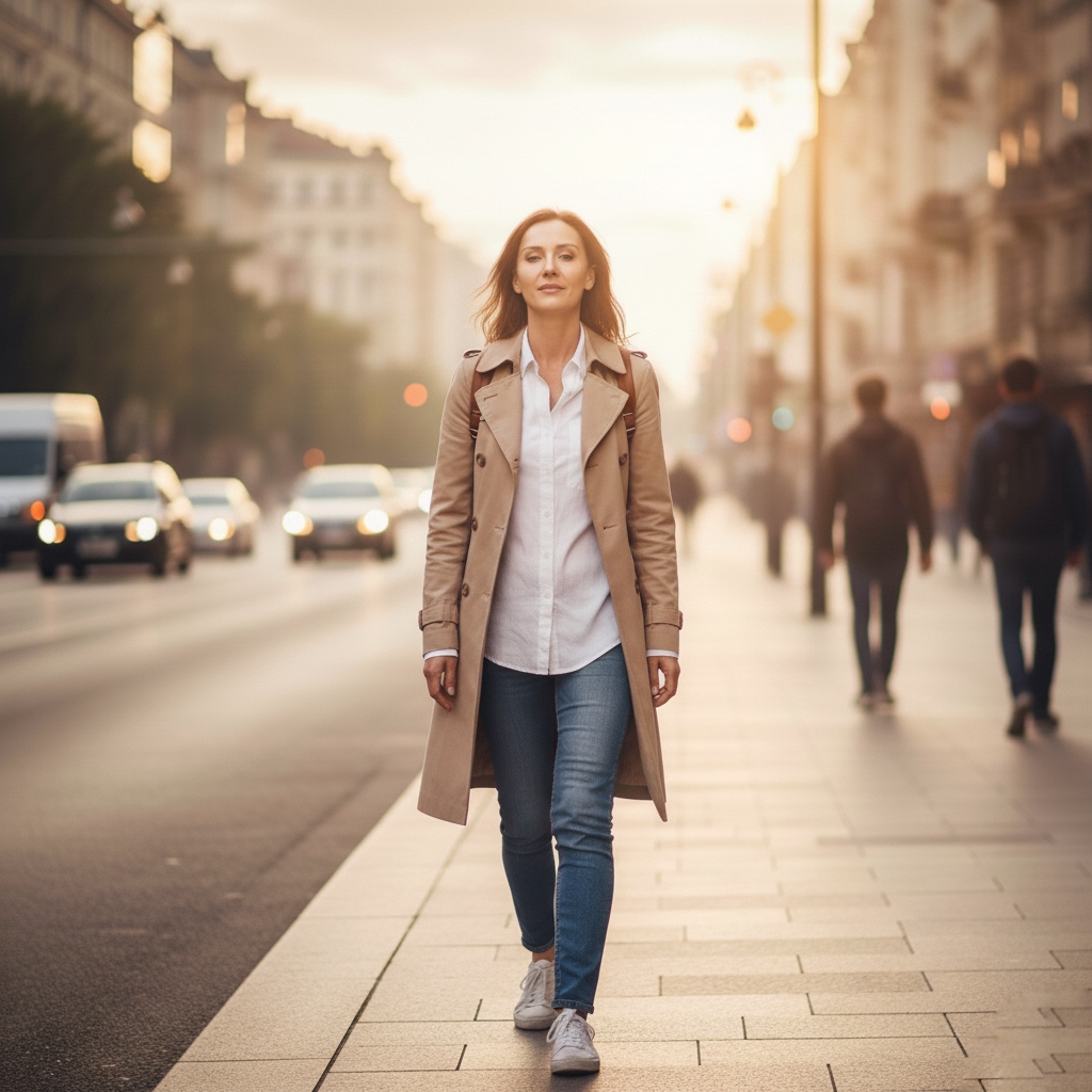 Traveler practicing mindful walking by noticing each step and the environment