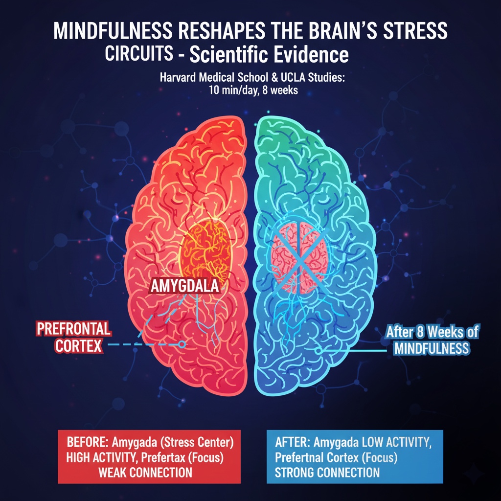 Scientific evidence showing mindfulness meditation reshaping brain stress circuits