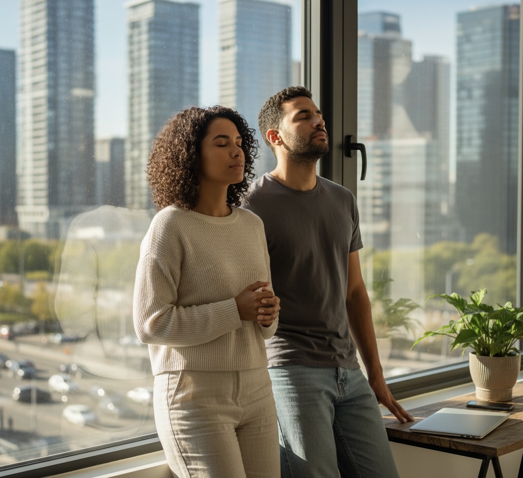 Beginner practicing mindfulness at home to reduce stress in modern life