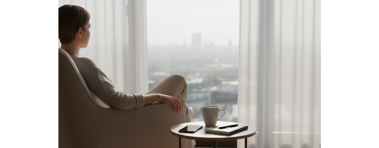 Person practicing mindfulness meditation in morning light, finding calm beyond daily stress