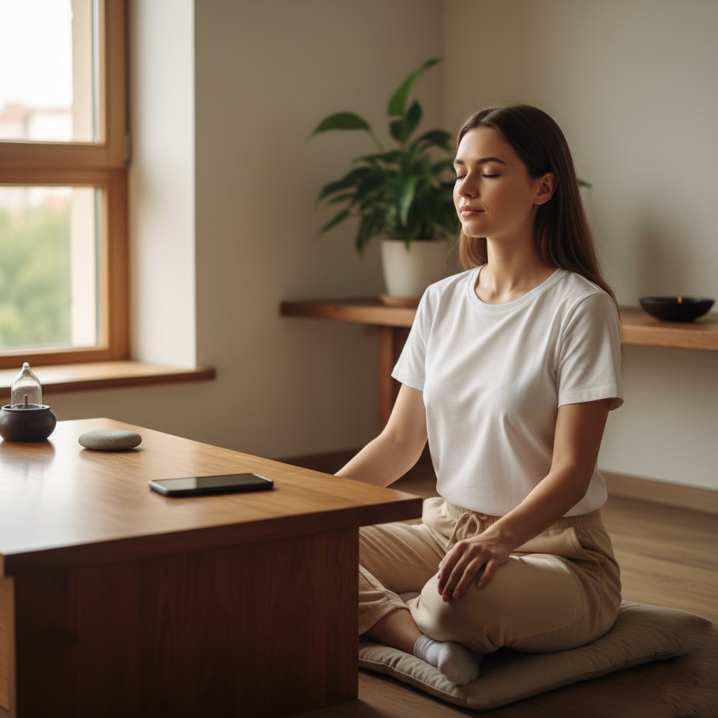 Young professional taking mindful pause from technology during mindfulness retreat for digital detox