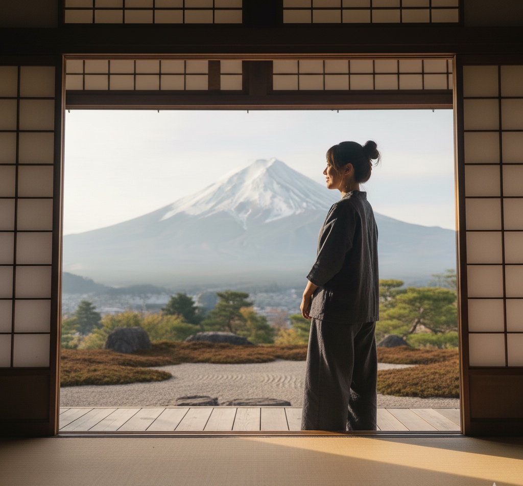 Traveler reflecting after mindfulness retreat near Mt. Fuji, feeling calm and renewed
