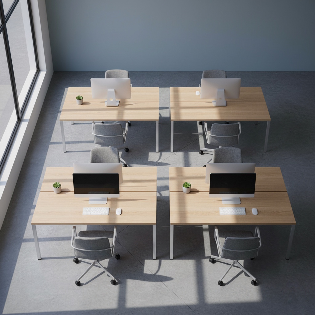 Orderly workspace viewed from above symbolizing structure and repetition in corporate mindfulness training