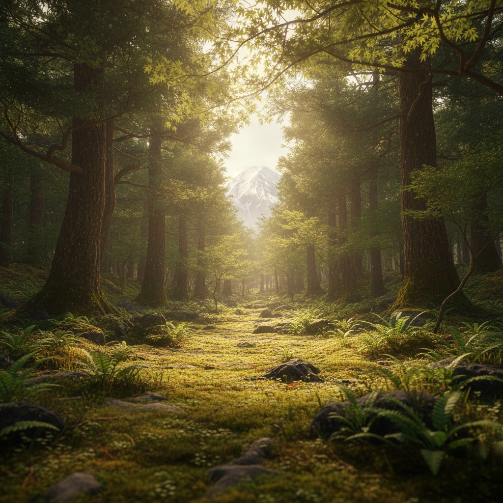 a forest scene near Mt. Fuji representing Zen stillness and the beauty of impermanence