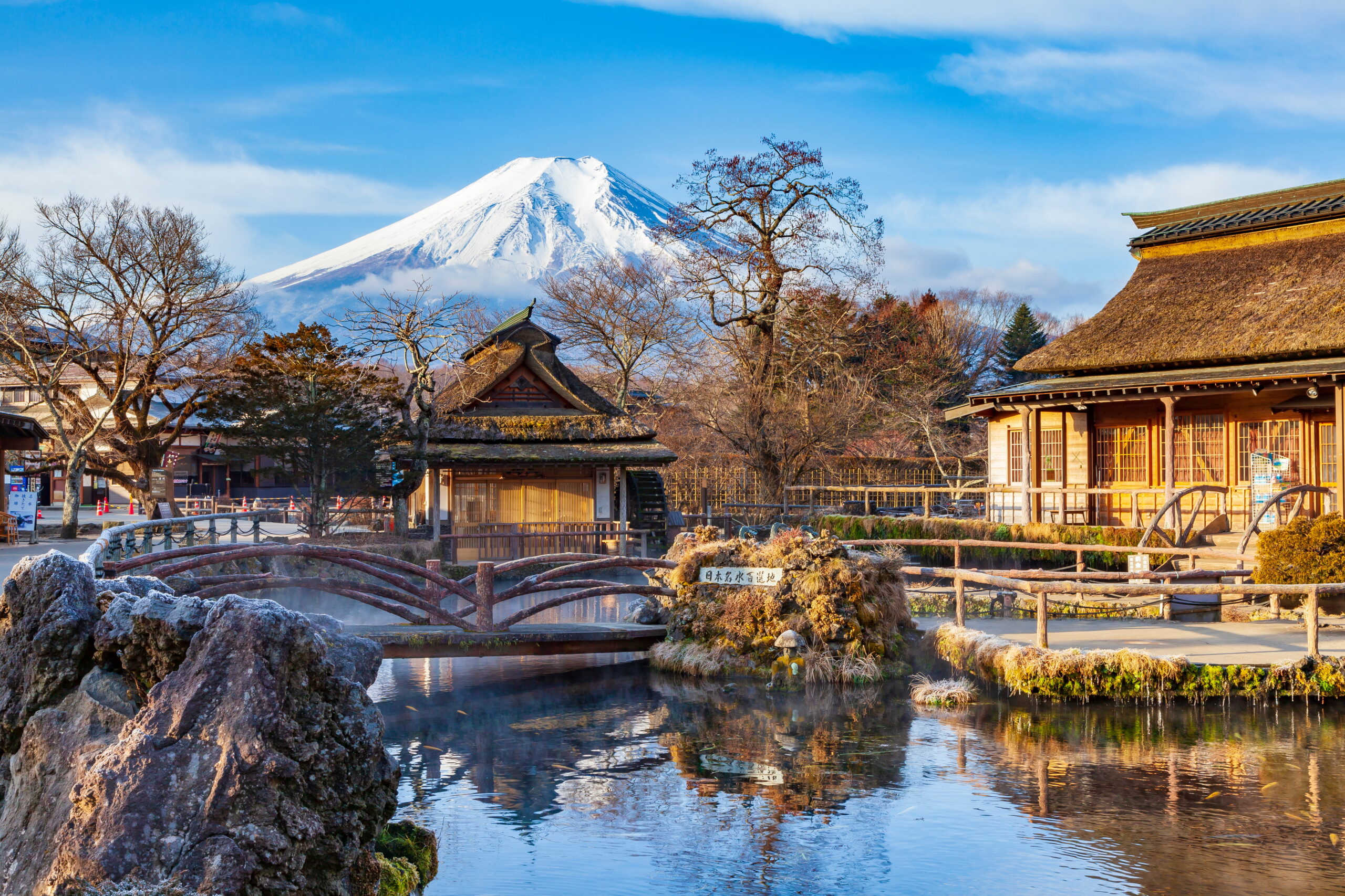 Oshino Hakkai ponds with Mt. Fuji and thatched houses