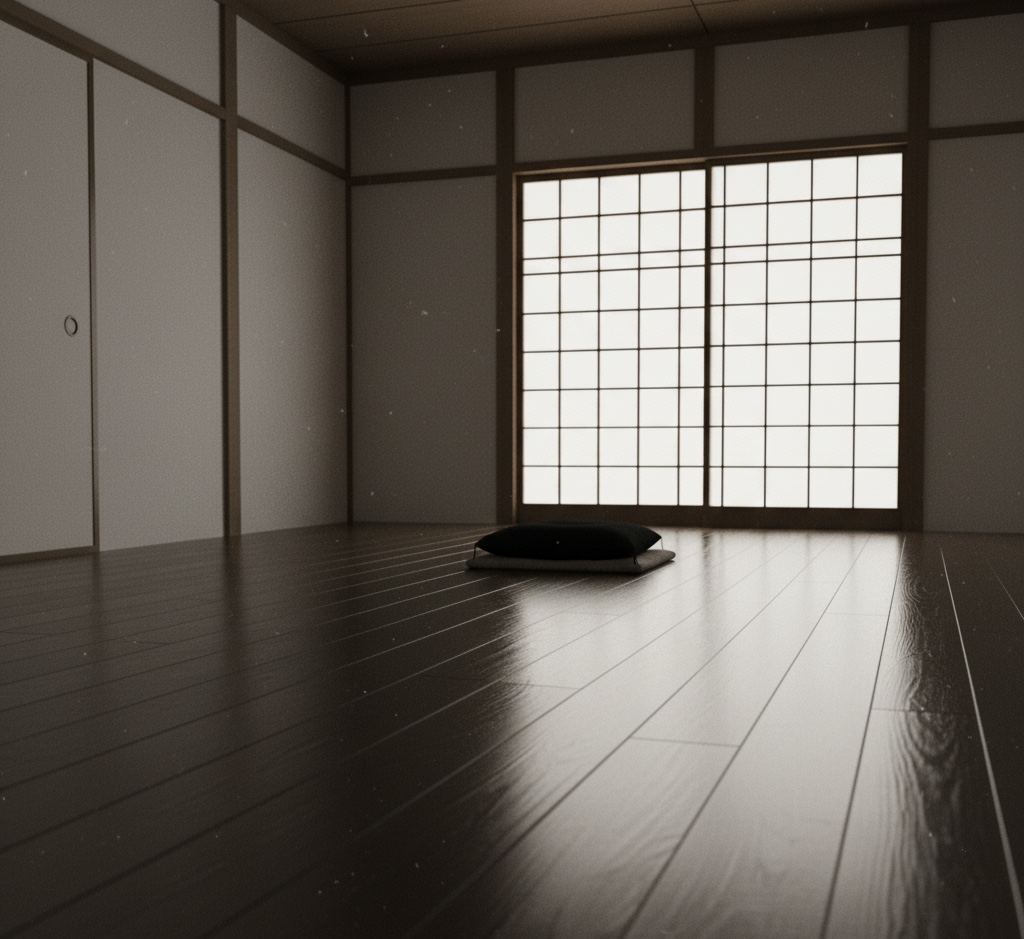 minimalist shikantaza zazen scene with a single meditation cushion 