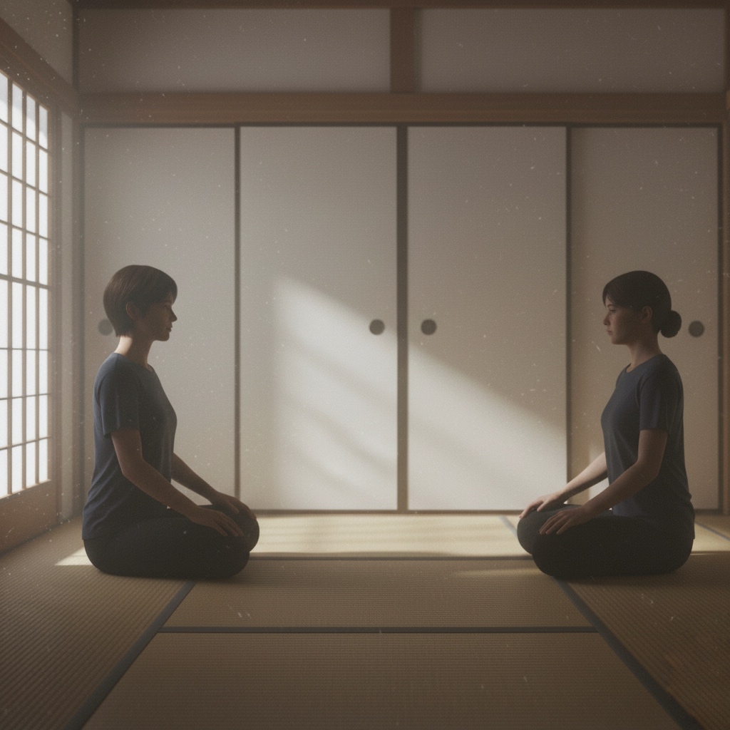 two subtle silhouettes facing each other in a quiet space, symbolizing mindful dialogue and compassionate mediation