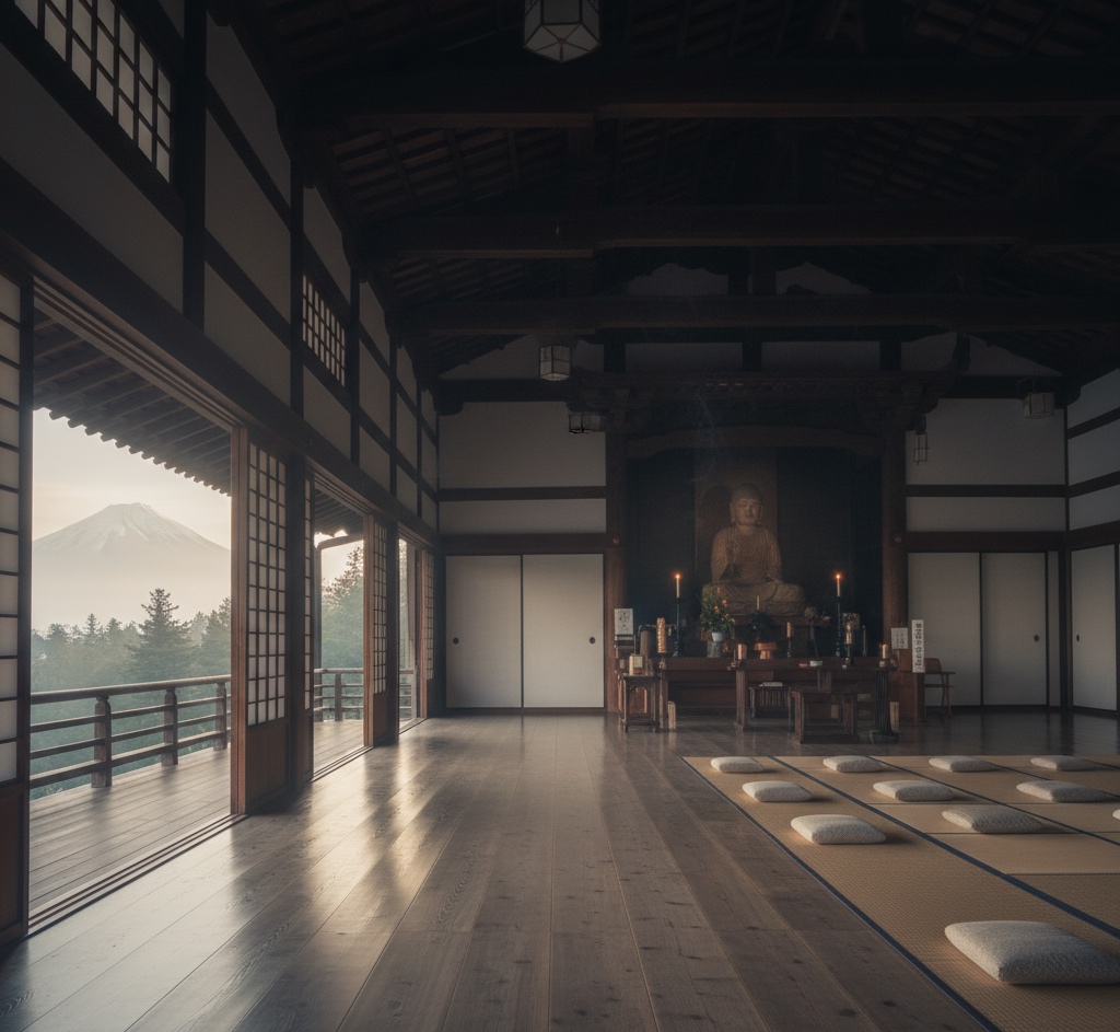 quiet soto zen meditation hall with soft morning light and zafu cushions