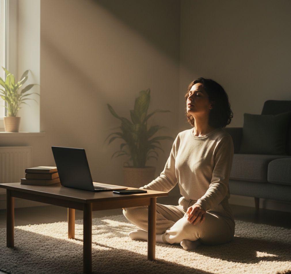Person taking mindful pause from digital life, seeking spiritual retreat for inner transformation