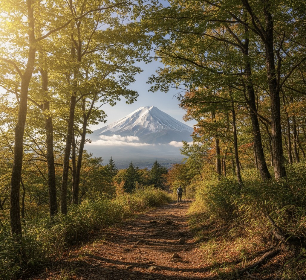 Quiet hiking trail in Tsuru Alps with Mt. Fuji in the distance