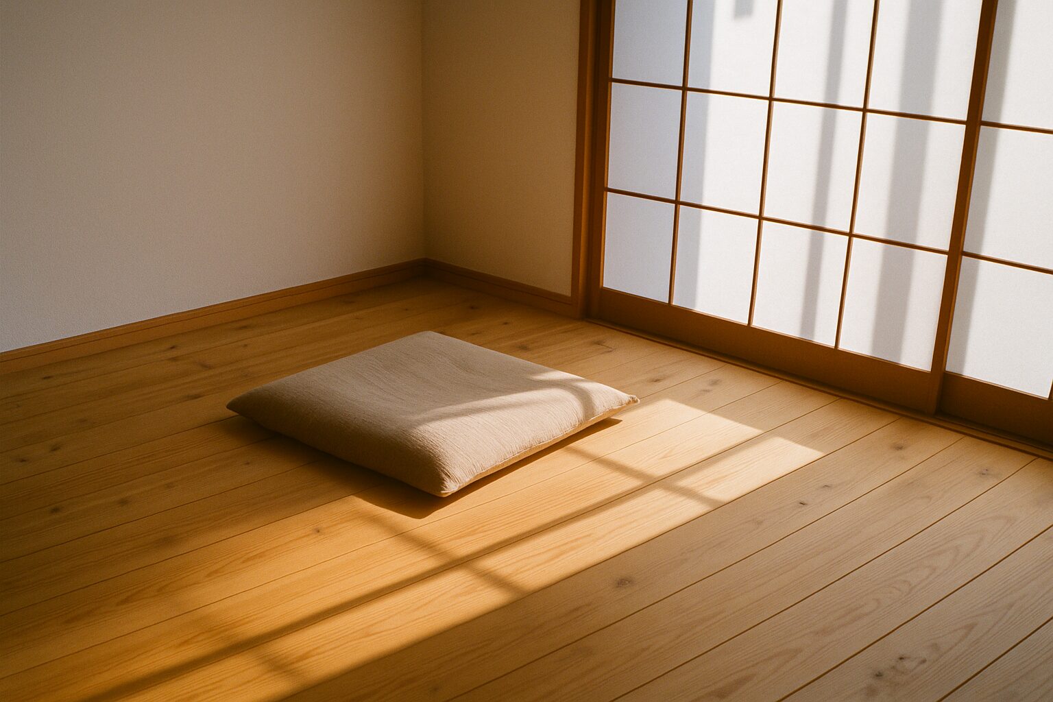 Soft morning light in a quiet Japanese room symbolizing awareness and stillness in meditation practice