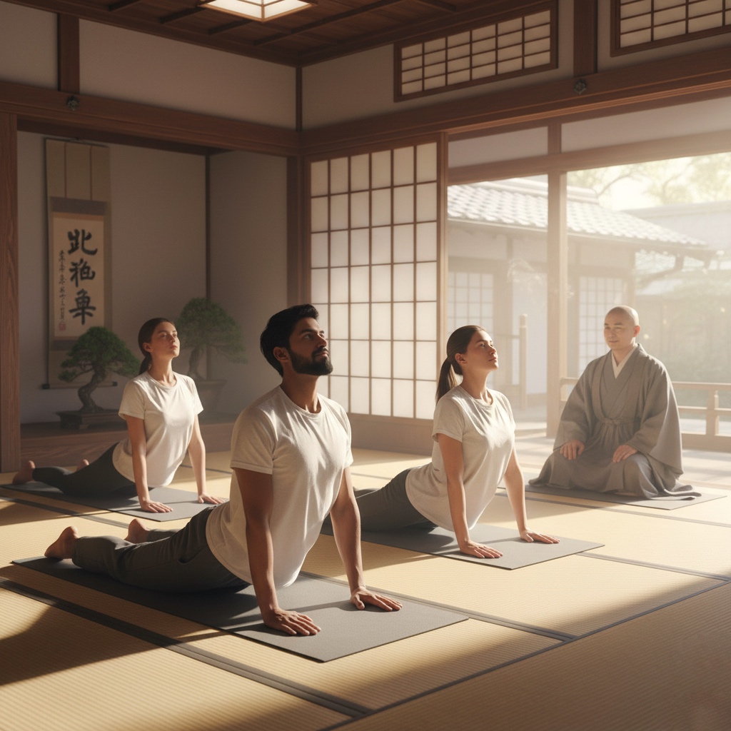 Travelers practicing yoga and stretching at Zen retreat