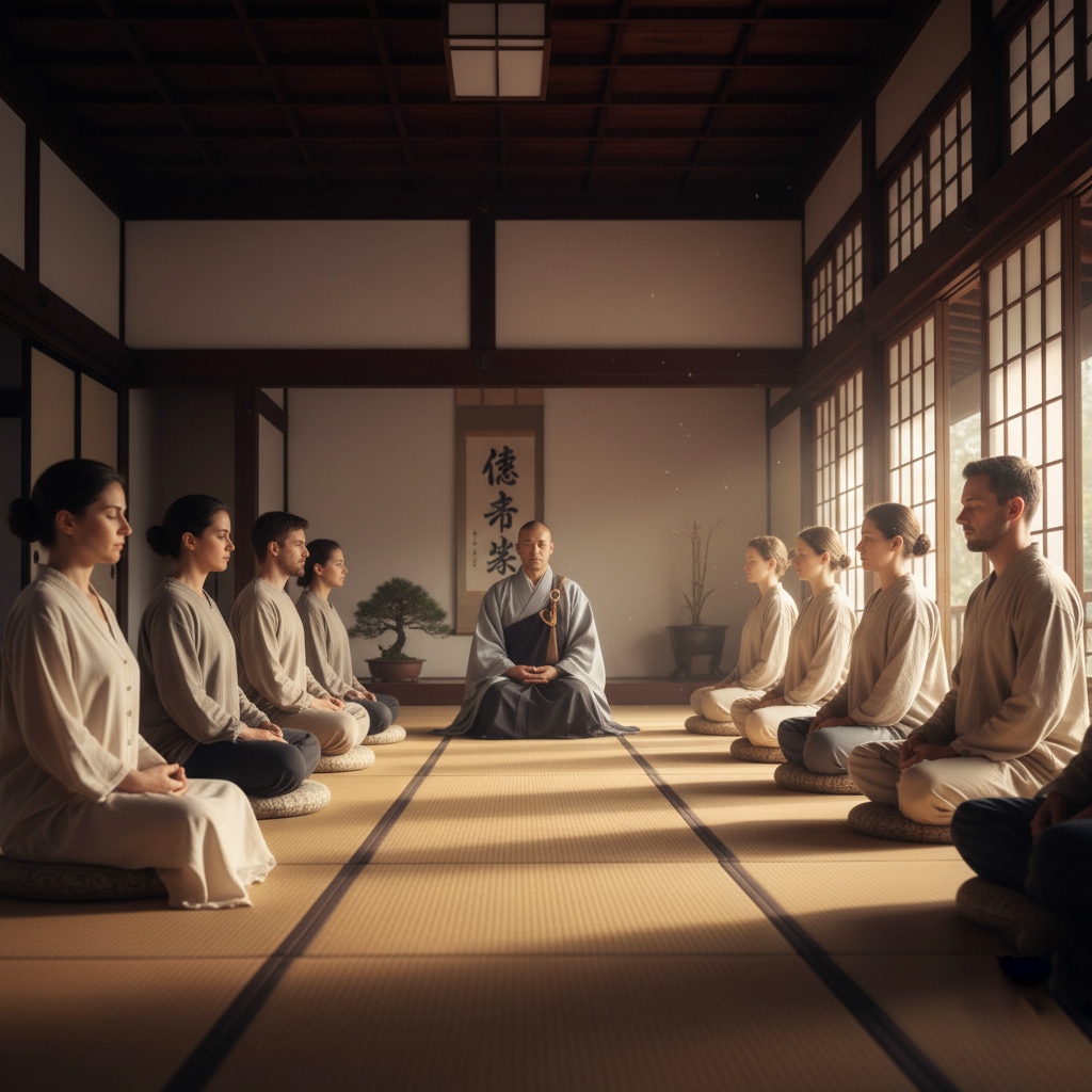 Beginners practicing zazen meditation at a Zen retreat in Japan