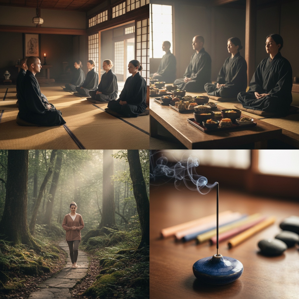 Morning zazen meditation during mindfulness retreat at Japanese temple near Mt. Fuji