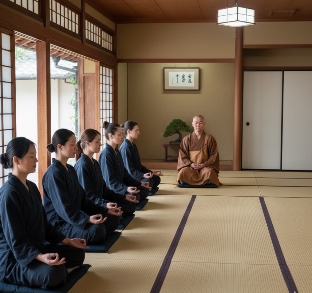 Travelers practicing zazen meditation at Koun-in Temple