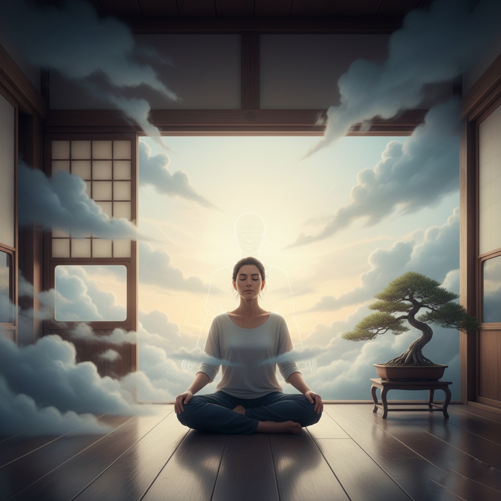 quiet scene of a meditator gently acknowledging leg discomfort in stillness