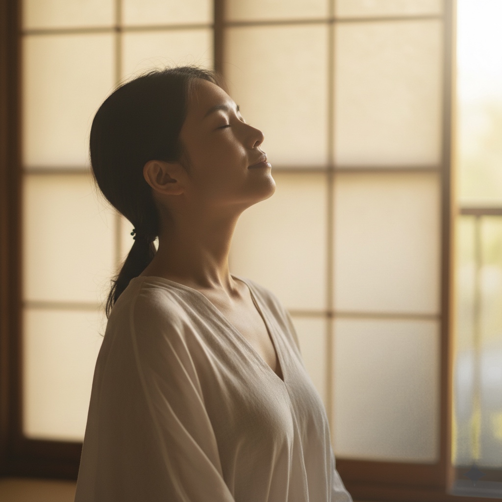 serene side profile during nasal breathing showing relaxed shoulders and calm focus