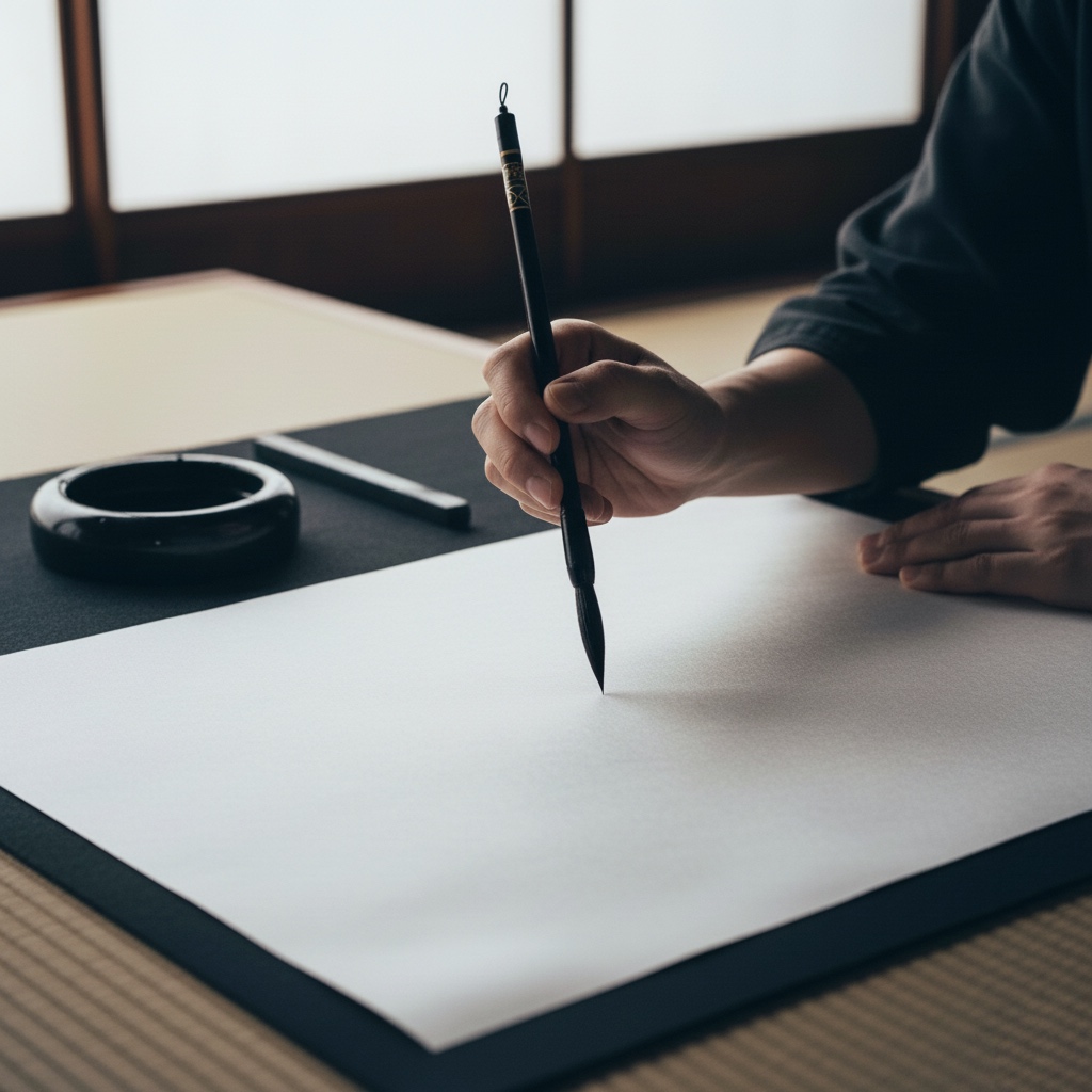 close-up of a brush hovering above white washi paper in silent concentration before the first calligraphy stroke