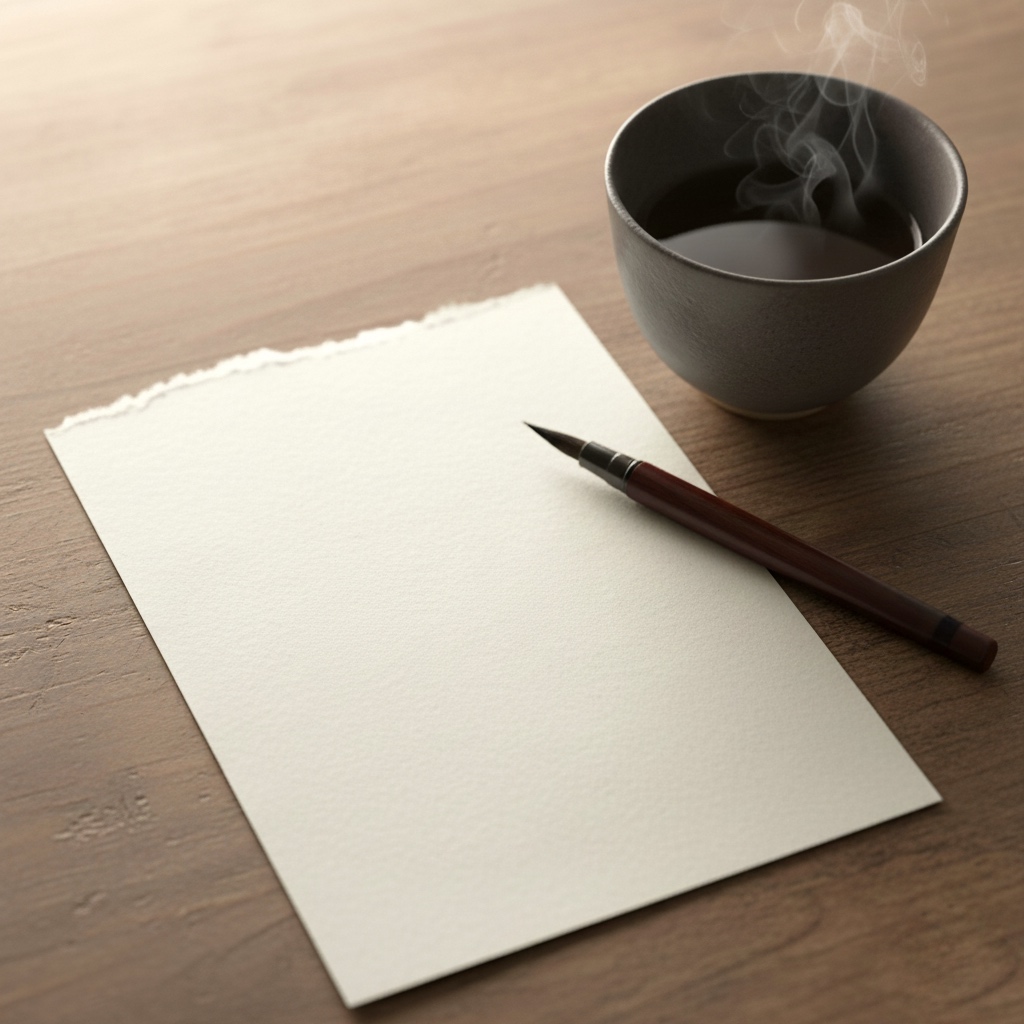 calligraphy of short Zen words on washi paper beside a teacup and brush, representing mindfulness practice